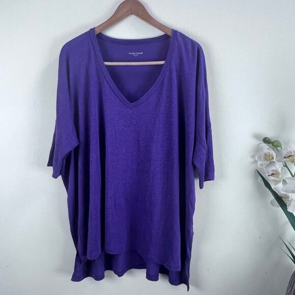 Eileen Fisher 100% Linen Purple Linen Knit Oversized Tunic Top Short Sleeve S - Picture 1 of 7
